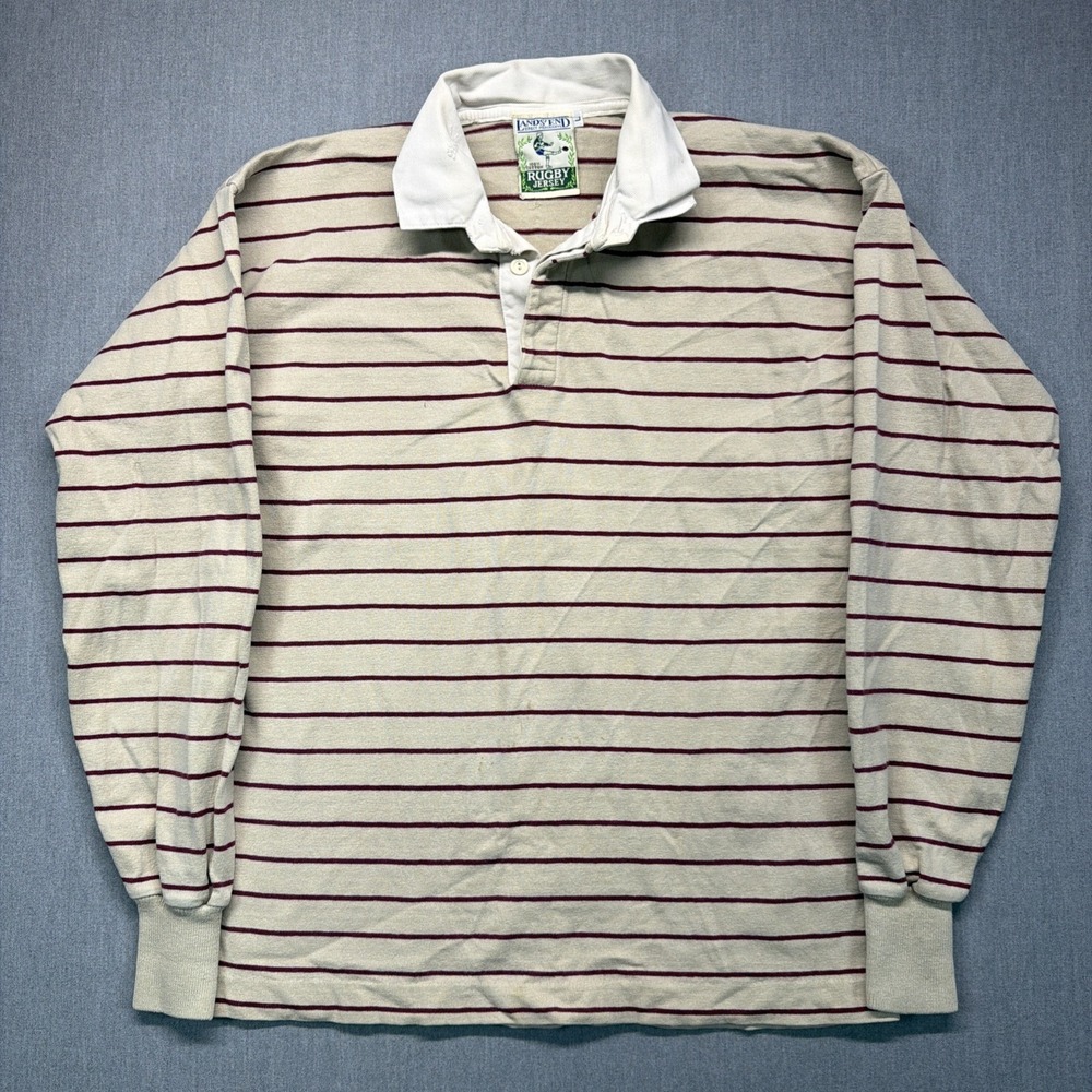 Vintage Lands End Rugby Shirt Mens L Beige Red Striped Polo